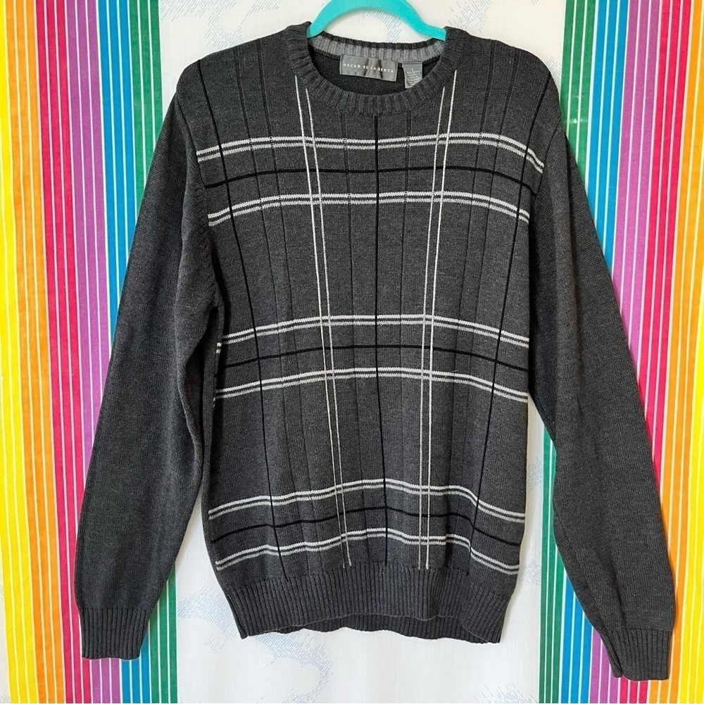 VINTAGE OSCAR DE LA RENTA plaid knit sweater cotton acrylic large